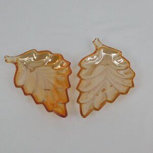 Lot of 2 Iridescent Amber Marigold Carnival Glass Leaf Dish Relish Candy VTG